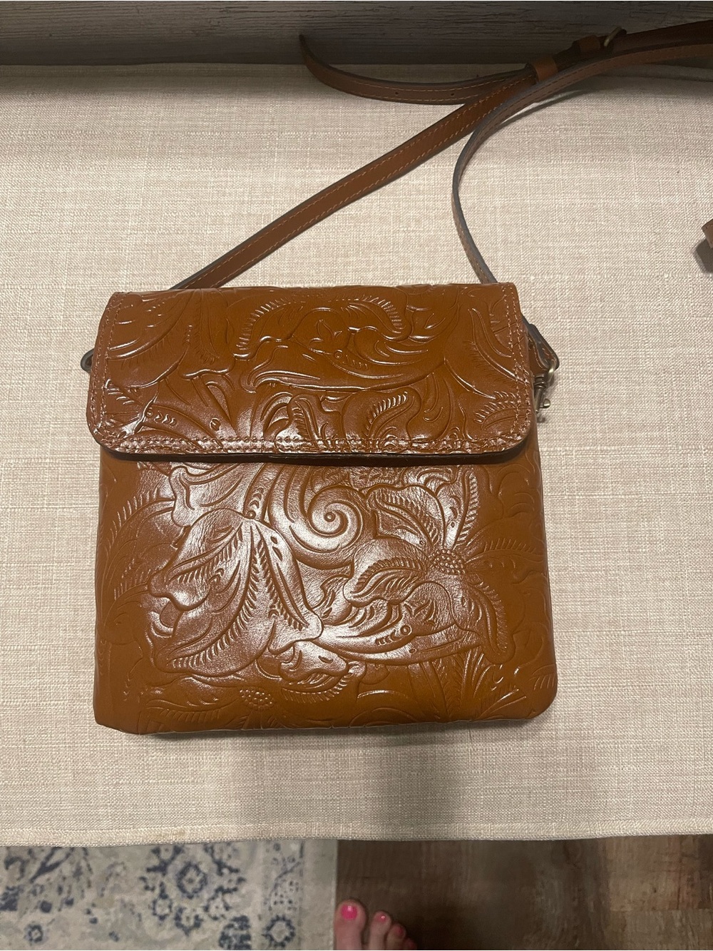 Women's Embossed Leather Crossbody Bag in Cognac Brown